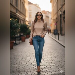 CeCe Beige Ruffle Neck Sweater